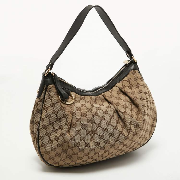 Pre Owned Gucci Beige/Black GG Canvas and Leather Medium Sukey Hobo