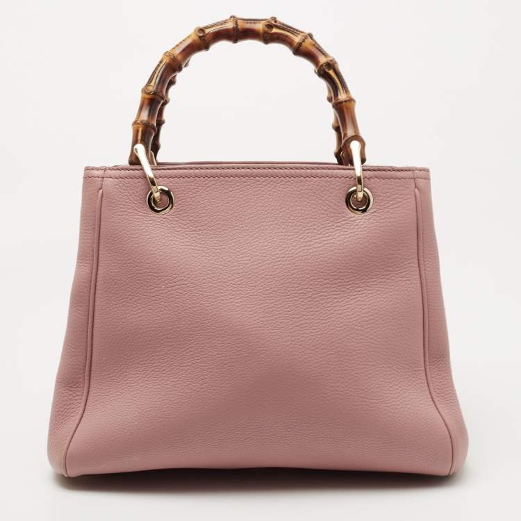 Pre Owned Gucci Old Rose Leather Bamboo Handle Tote