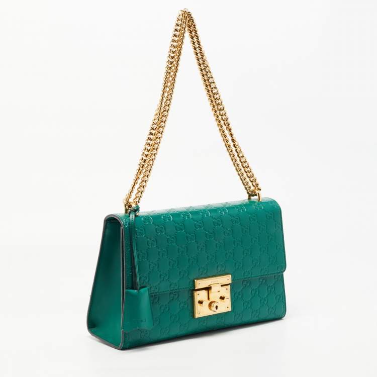 Pre Owned Gucci Green Guccissima Leather Medium Padlock Shoulder Bag