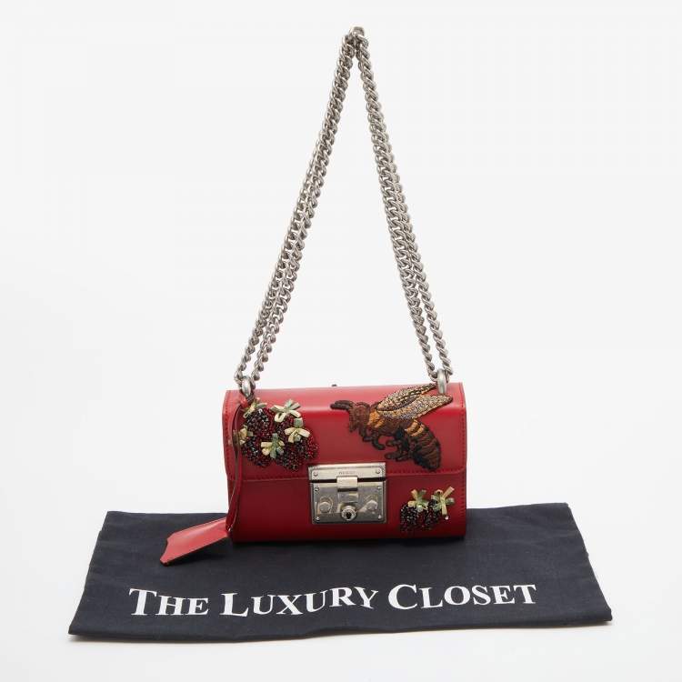 Pre Owned Gucci Red Sequin & Beaded Embellished Leather Small Padlock Shoulder Bag