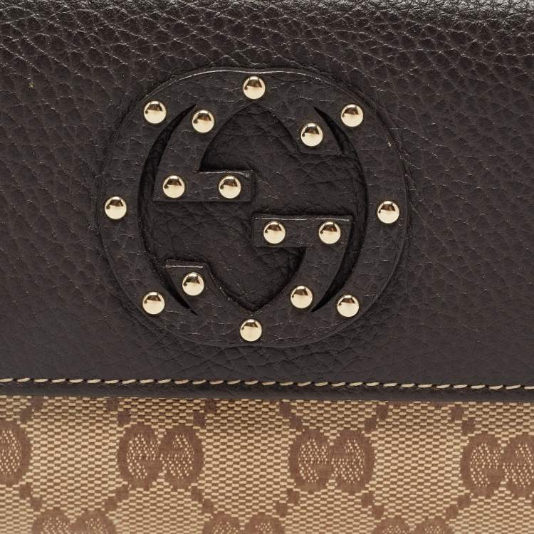 Pre Owned Gucci Beige/Brown GG Crystal Canvas and Leather Flap Continental Wallet