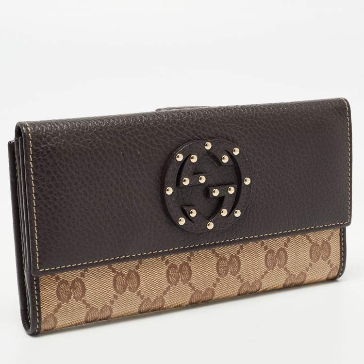 Pre Owned Gucci Beige/Brown GG Crystal Canvas and Leather Flap Continental Wallet