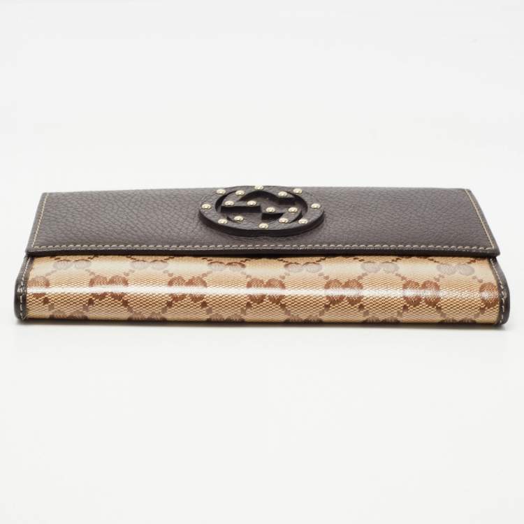 Pre Owned Gucci Beige/Brown GG Crystal Canvas and Leather Flap Continental Wallet