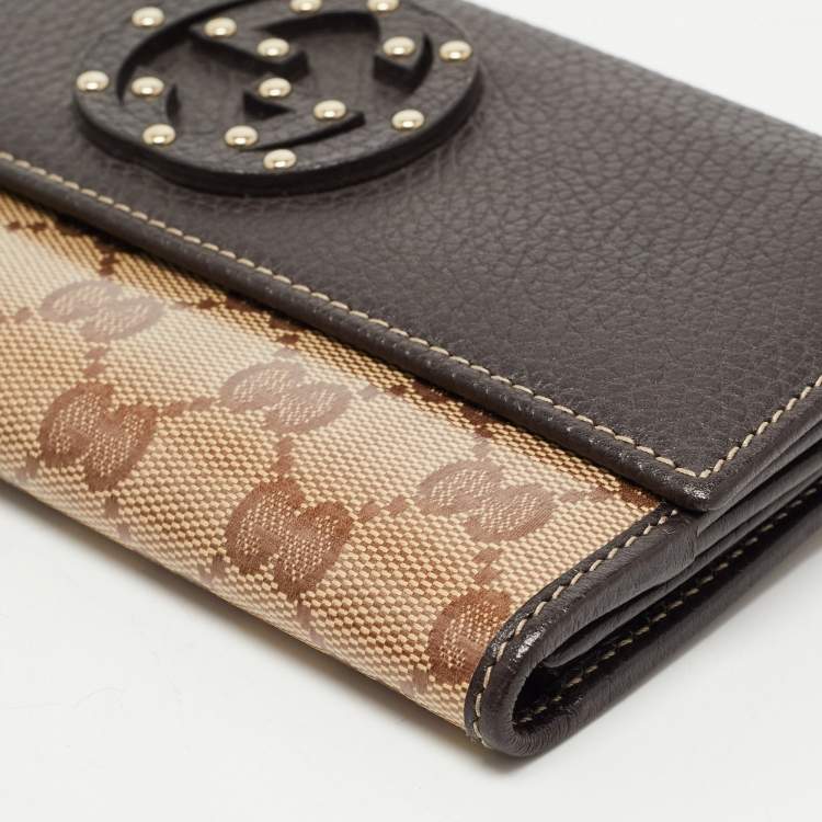 Pre Owned Gucci Beige/Brown GG Crystal Canvas and Leather Flap Continental Wallet