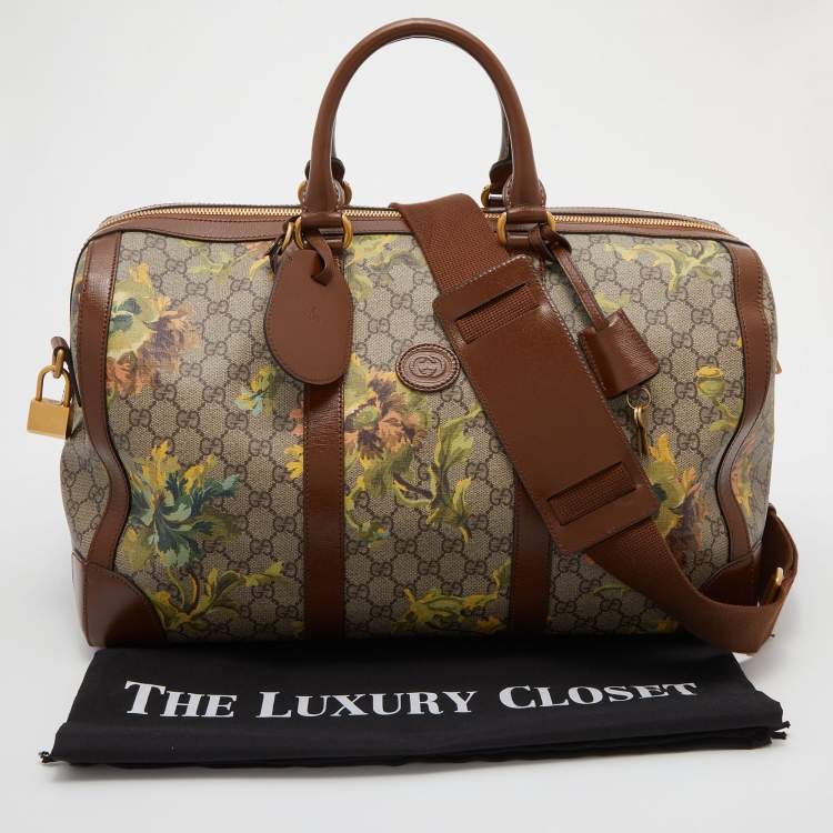 Pre Owned Gucci Beige/Brown Carnation Print GG Supreme Canvas and Leather Carry On Duffel Bag