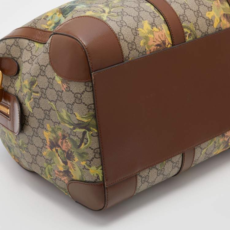 Pre Owned Gucci Beige/Brown Carnation Print GG Supreme Canvas and Leather Carry On Duffel Bag