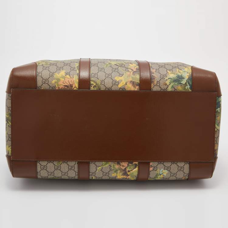 Pre Owned Gucci Beige/Brown Carnation Print GG Supreme Canvas and Leather Carry On Duffel Bag