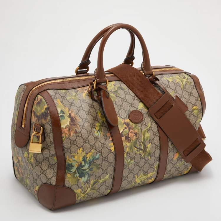 Pre Owned Gucci Beige/Brown Carnation Print GG Supreme Canvas and Leather Carry On Duffel Bag