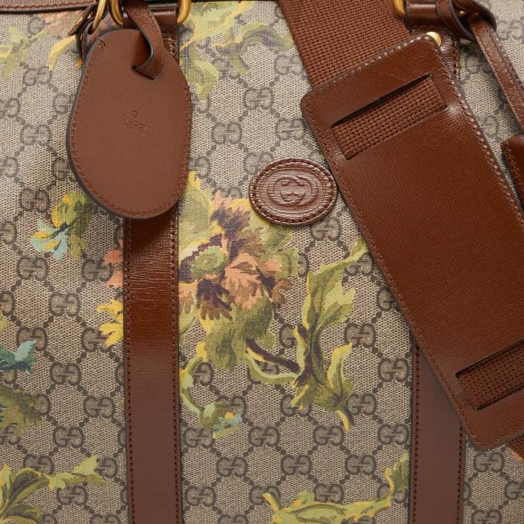 Pre Owned Gucci Beige/Brown Carnation Print GG Supreme Canvas and Leather Carry On Duffel Bag