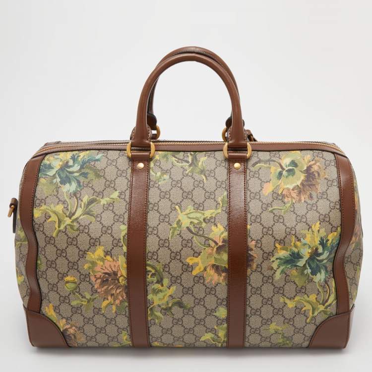 Pre Owned Gucci Beige/Brown Carnation Print GG Supreme Canvas and Leather Carry On Duffel Bag