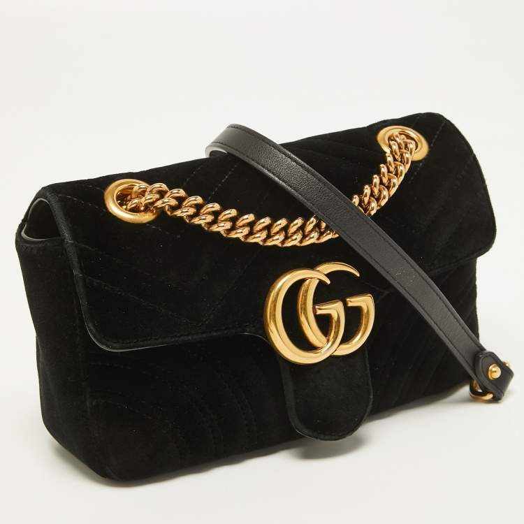 Pre Owned Gucci Black Matelasse Velvet Mini GG Marmont Shoulder Bag