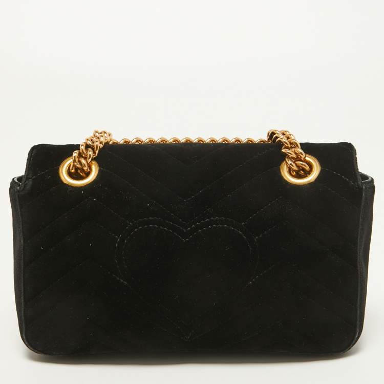 Pre Owned Gucci Black Matelasse Velvet Mini GG Marmont Shoulder Bag