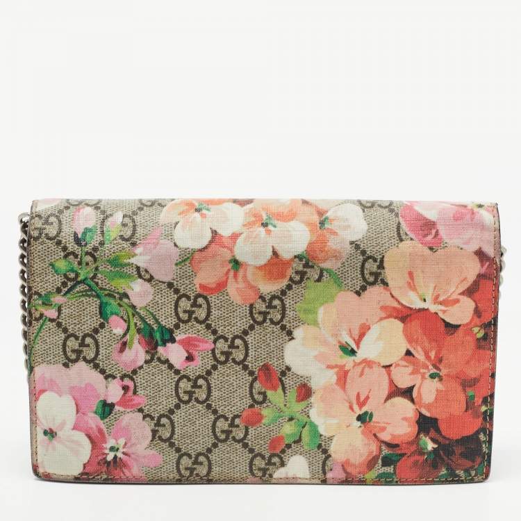 Pre Owned Gucci Multicolor Blooms Print GG Supreme Canvas and Leather Wallet on Chain