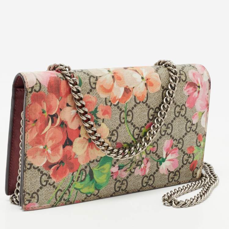 Pre Owned Gucci Multicolor Blooms Print GG Supreme Canvas and Leather Wallet on Chain