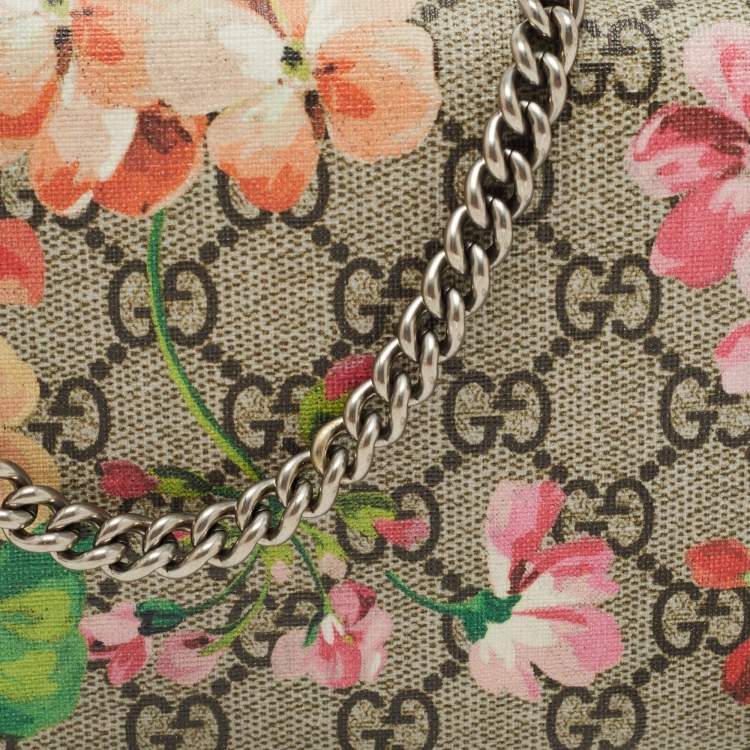 Pre Owned Gucci Multicolor Blooms Print GG Supreme Canvas and Leather Wallet on Chain