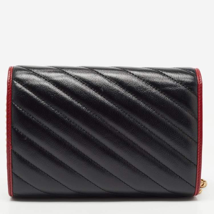Pre Owned Gucci Black/Red Diagonal Quilt Leather GG Marmont Torchon Wallet on Chain