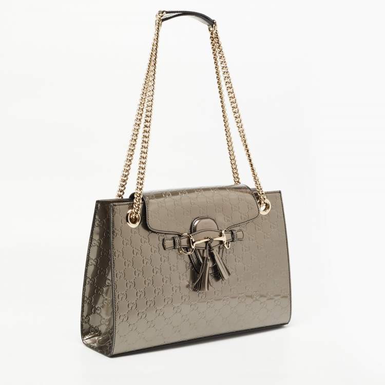 Pre Owned Gucci Gun Metal Guccissima Patent Leather Large Emily Chain Shoulder Bag