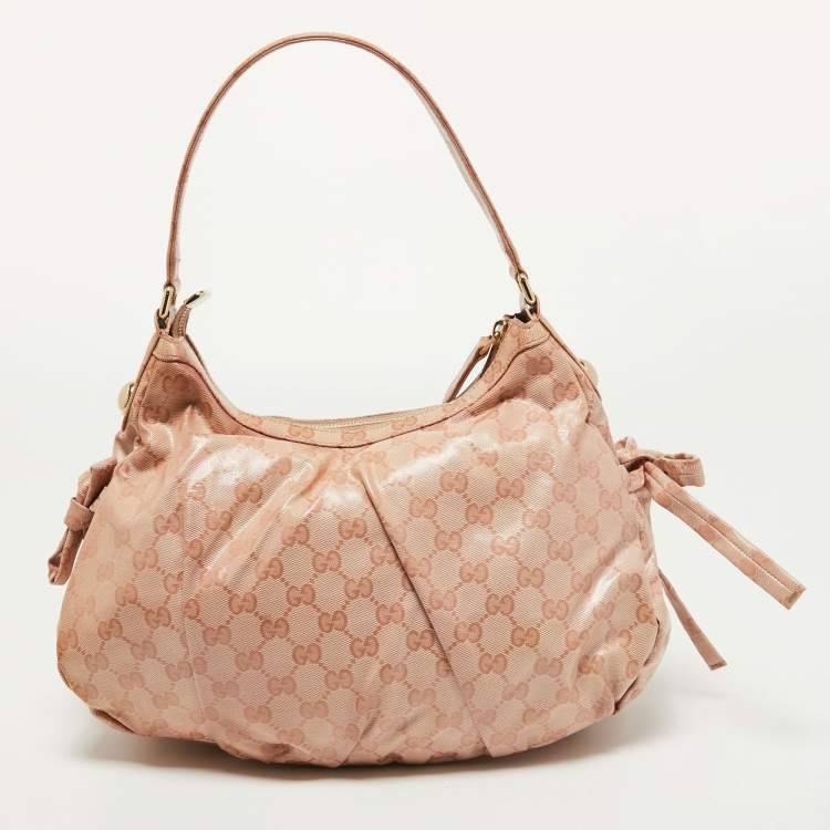 Pre Owned Gucci Pink GG Crystal Canvas Horsebit Charm Hobo