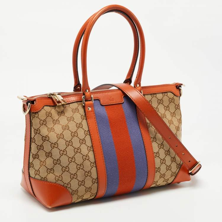 Pre Owned Gucci Brown/Beige GG Canvas Medium Web Top Handle Bag
