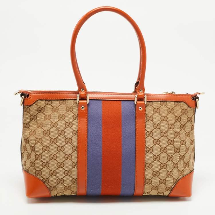 Pre Owned Gucci Brown/Beige GG Canvas Medium Web Top Handle Bag