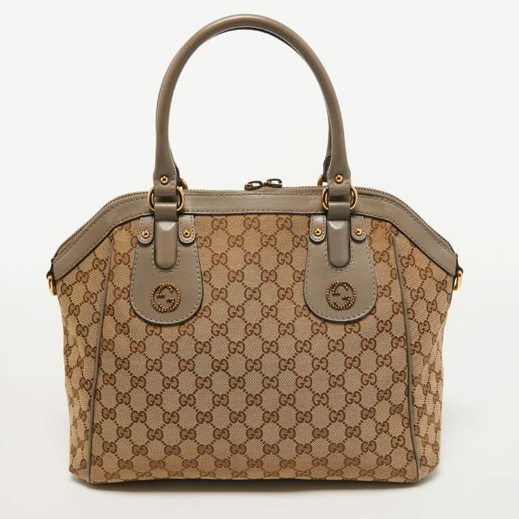 Pre Owned Gucci Beige/Grey GG Canvas and Leather Scarlett Interlocking G Satchel