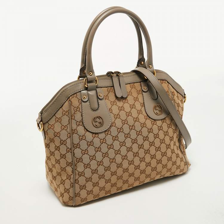 Pre Owned Gucci Beige/Grey GG Canvas and Leather Scarlett Interlocking G Satchel