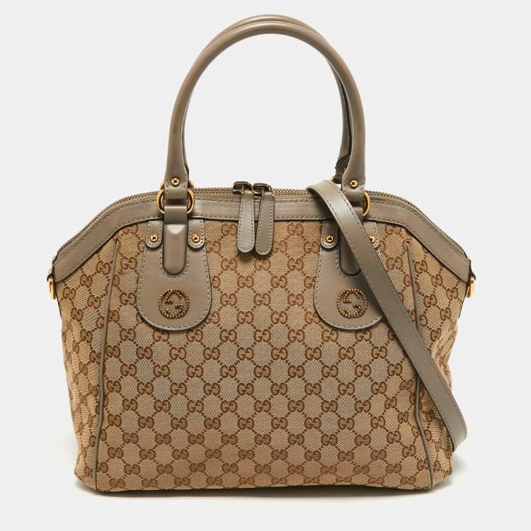 Pre Owned Gucci Beige/Grey GG Canvas and Leather Scarlett Interlocking G Satchel
