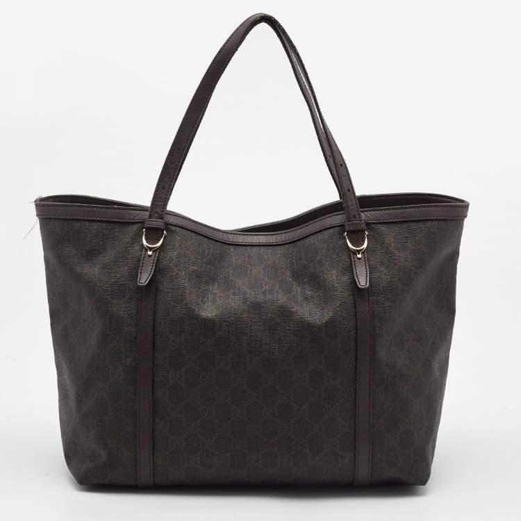 Pre Owned Gucci Dark Brown GG Supreme Canvas and Leather Medium Nice Tote