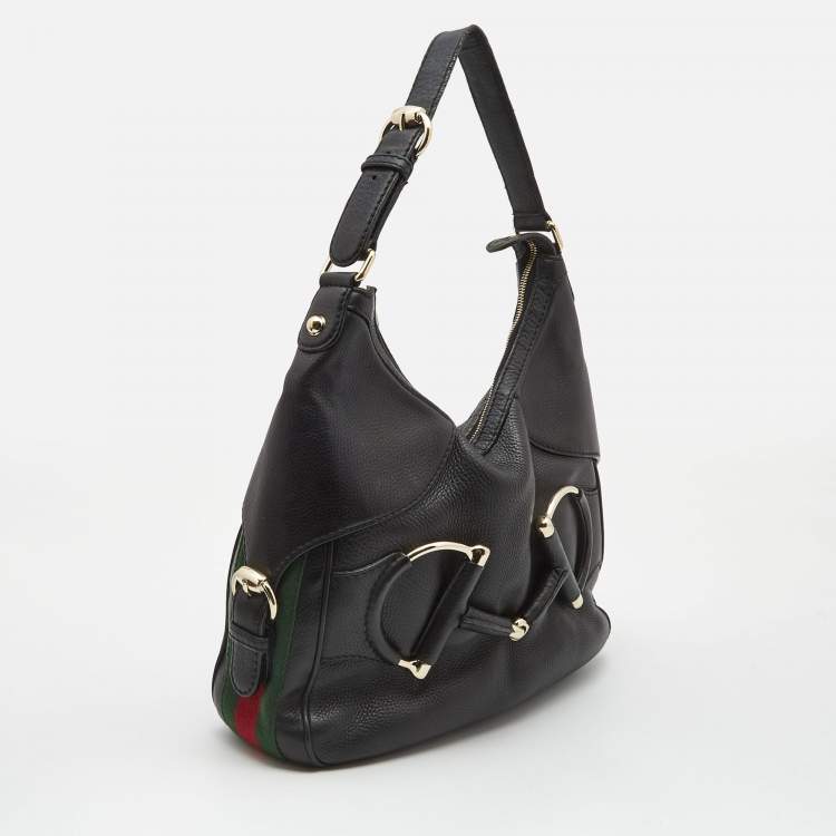 Pre Owned Gucci Black Leather Small Web Horsebit Heritage Hobo