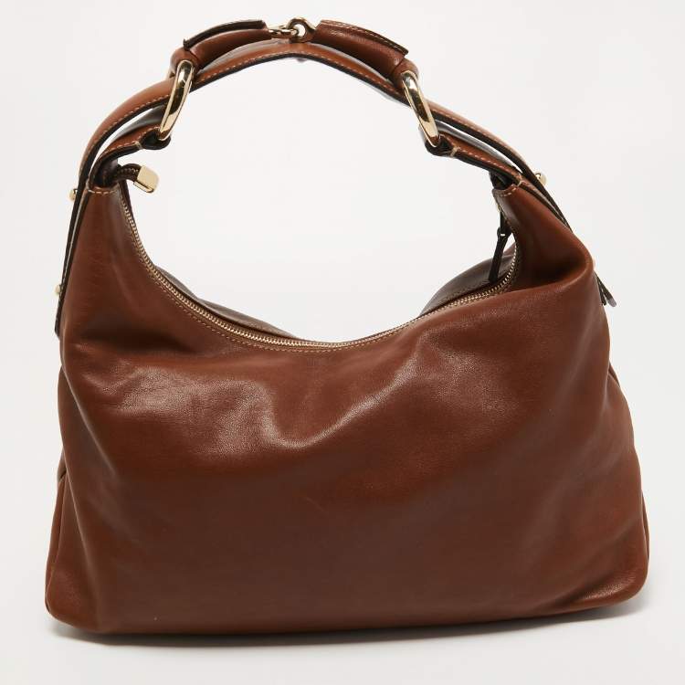 مملوكة مسبقًا Gucci Brown Leather Medium Horsebit Handle Hobo 