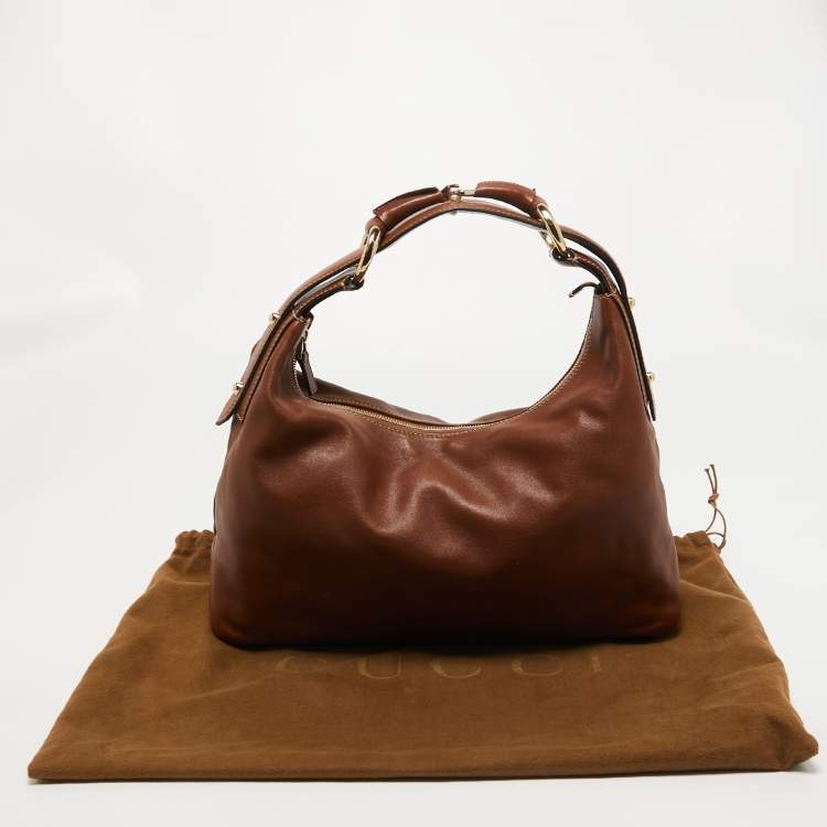 مملوكة مسبقًا Gucci Brown Leather Medium Horsebit Handle Hobo 