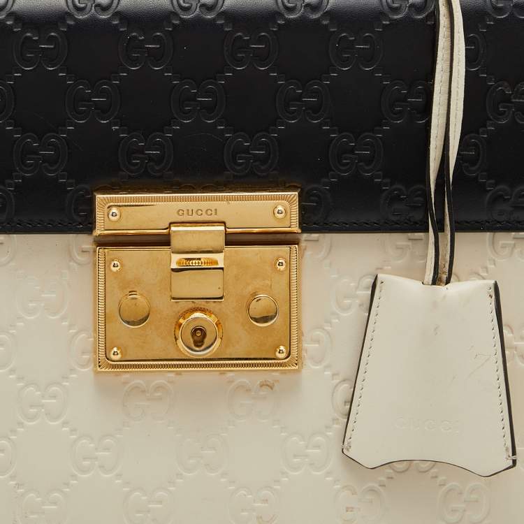 Pre Owned Gucci Off White/Black Guccissima Leather Small Padlock Top Handle Bag