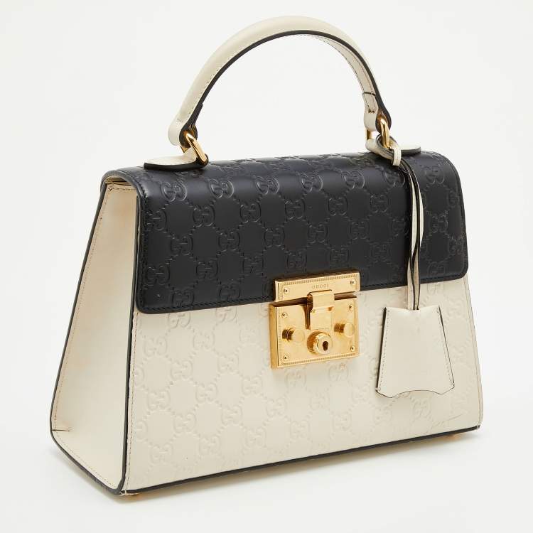 Pre Owned Gucci Off White/Black Guccissima Leather Small Padlock Top Handle Bag
