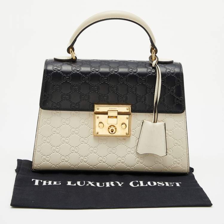 Pre Owned Gucci Off White/Black Guccissima Leather Small Padlock Top Handle Bag
