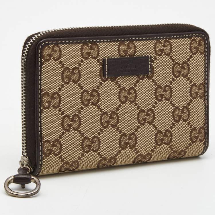 Pre Owned Gucci Beige/Brown GG Canvas and Leather Zip Around Wallet 