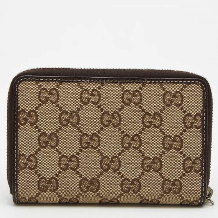 Pre Owned Gucci Beige/Brown GG Canvas and Leather Zip Around Wallet 