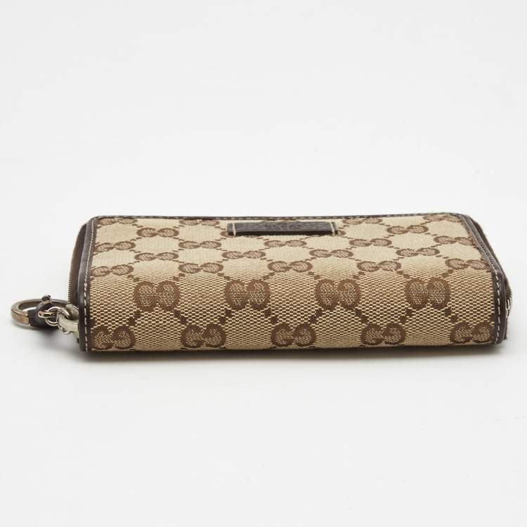 Pre Owned Gucci Beige/Brown GG Canvas and Leather Zip Around Wallet 