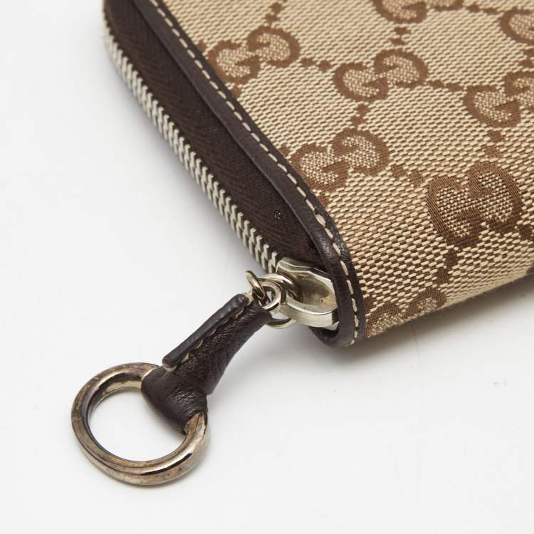 Pre Owned Gucci Beige/Brown GG Canvas and Leather Zip Around Wallet 