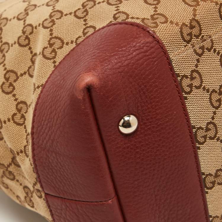 Pre Owned Gucci Red/Beige GG Canvas and Leather Medium Supreme Web Dressage Tote
