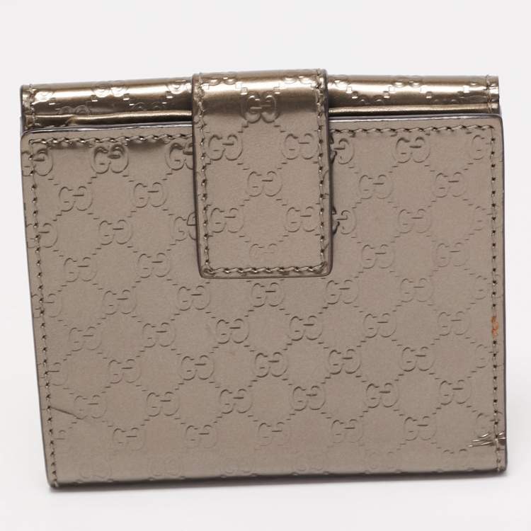 Pre Owned Gucci Light Brown Microguccissima Patent Leather Metal Bar French Wallet