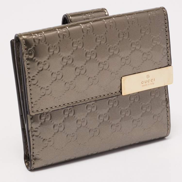 Pre Owned Gucci Light Brown Microguccissima Patent Leather Metal Bar French Wallet