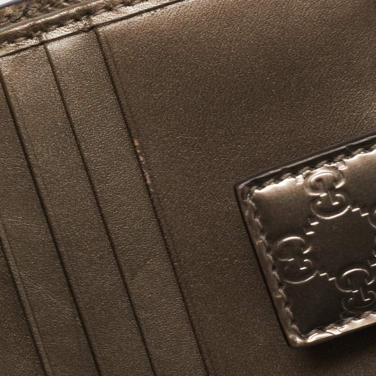 Pre Owned Gucci Light Brown Microguccissima Patent Leather Metal Bar French Wallet