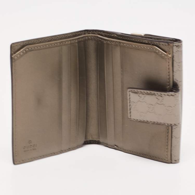 Pre Owned Gucci Light Brown Microguccissima Patent Leather Metal Bar French Wallet
