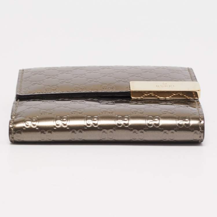 Pre Owned Gucci Light Brown Microguccissima Patent Leather Metal Bar French Wallet
