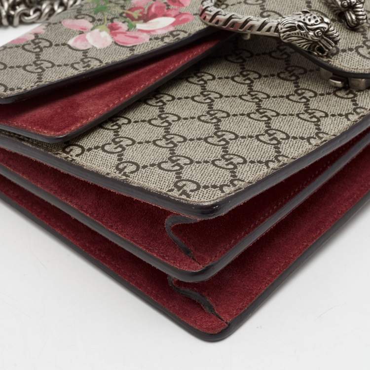 Pre Owned Gucci Burgundy/Beige GG Supreme Canvas and Suede Small Blooms Dionysus Shoulder Bag