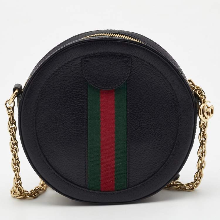 Pre Owned Gucci Black Leather Mini Web Ophidia GG Round Shoulder Bag