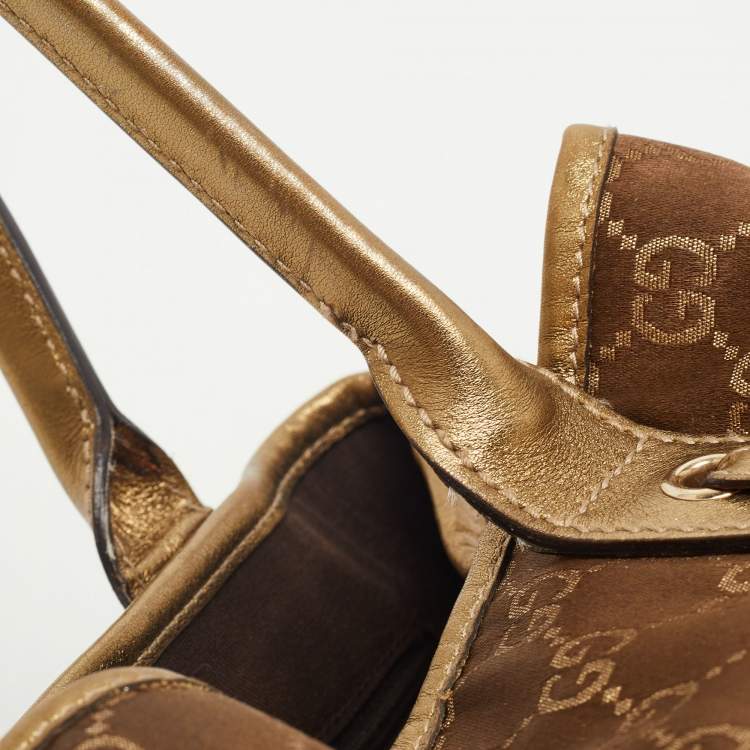 Pre Owned Gucci Gold/Brown GG Satin and Leather Princy Tote