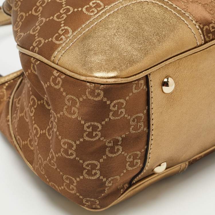 Pre Owned Gucci Gold/Brown GG Satin and Leather Princy Tote