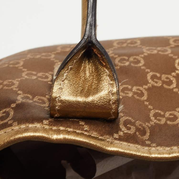 Pre Owned Gucci Gold/Brown GG Satin and Leather Princy Tote