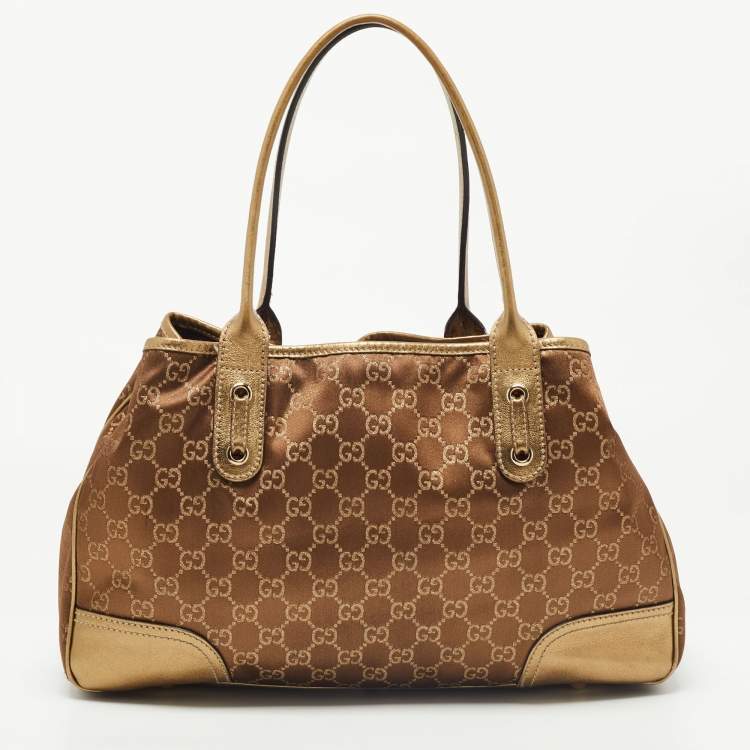 Pre Owned Gucci Gold/Brown GG Satin and Leather Princy Tote